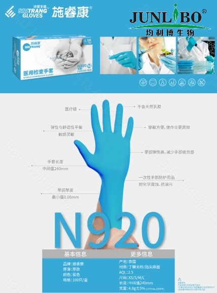 施睿康一次性无粉丁腈手套（中号），淡蓝色，指尖麻面 50双/盒，10盒/箱