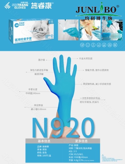 施睿康一次性无粉丁腈手套（大号），淡蓝色，指尖麻面 50双/盒，10盒/箱