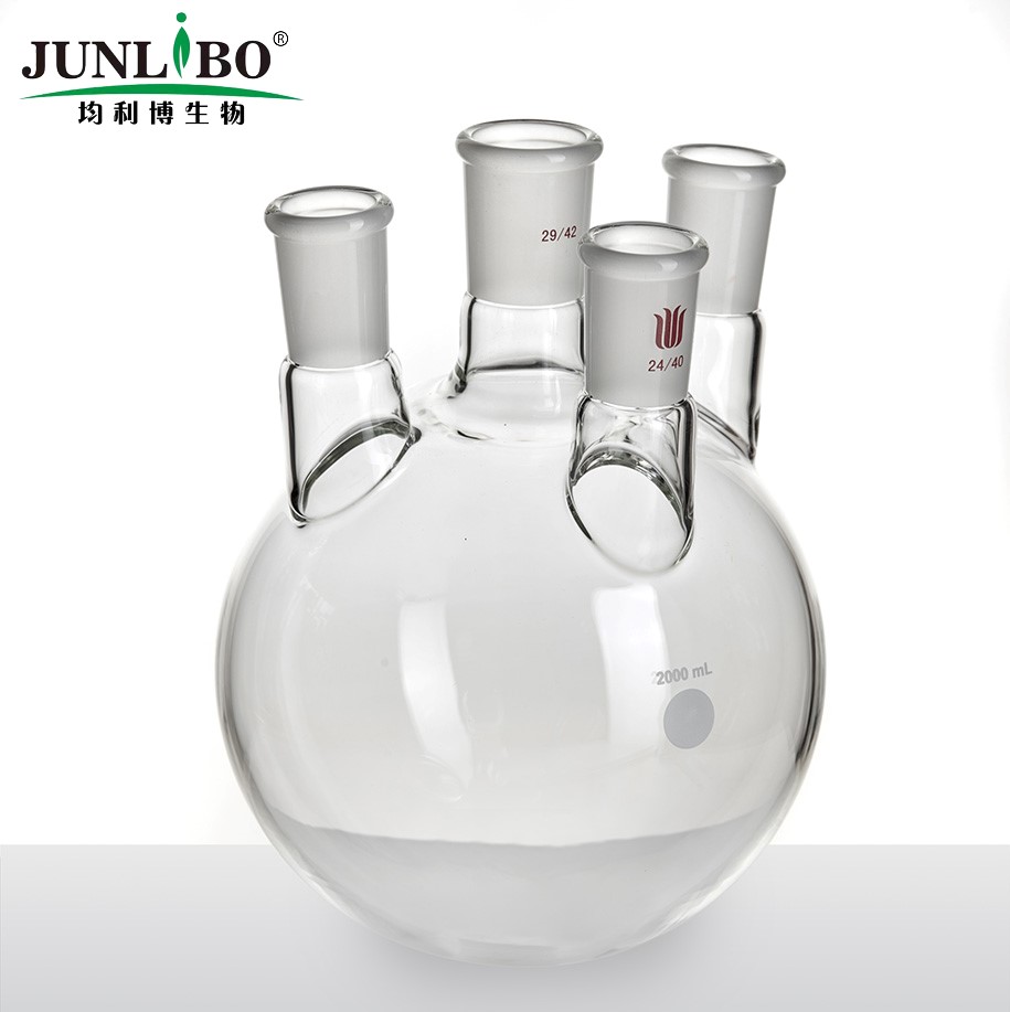 小角度四口圆底球瓶,中间磨口:29/42,侧磨口:24/40,2000ml