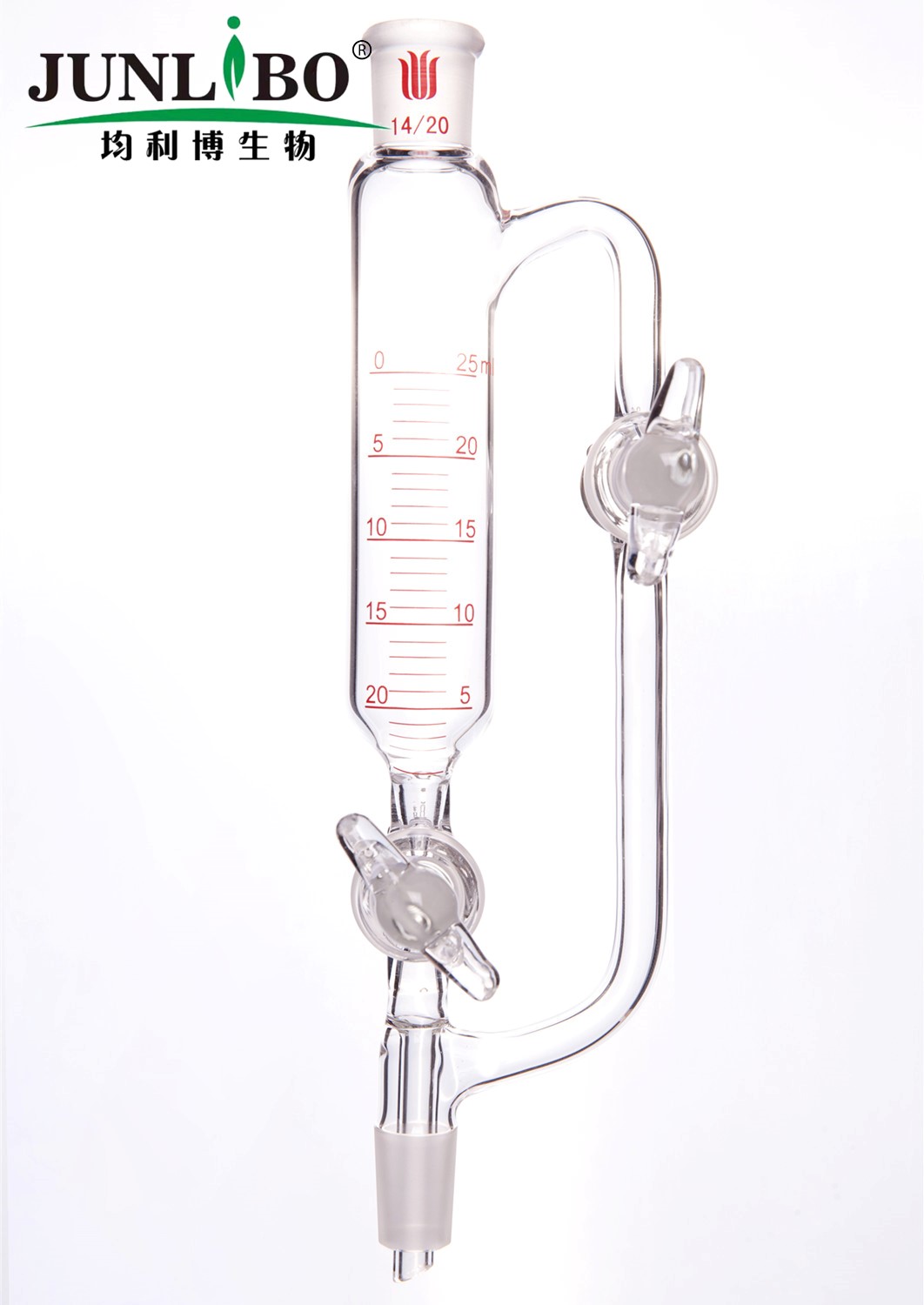 带刻度恒压滴液漏斗,双玻璃节门,25ml,14/20