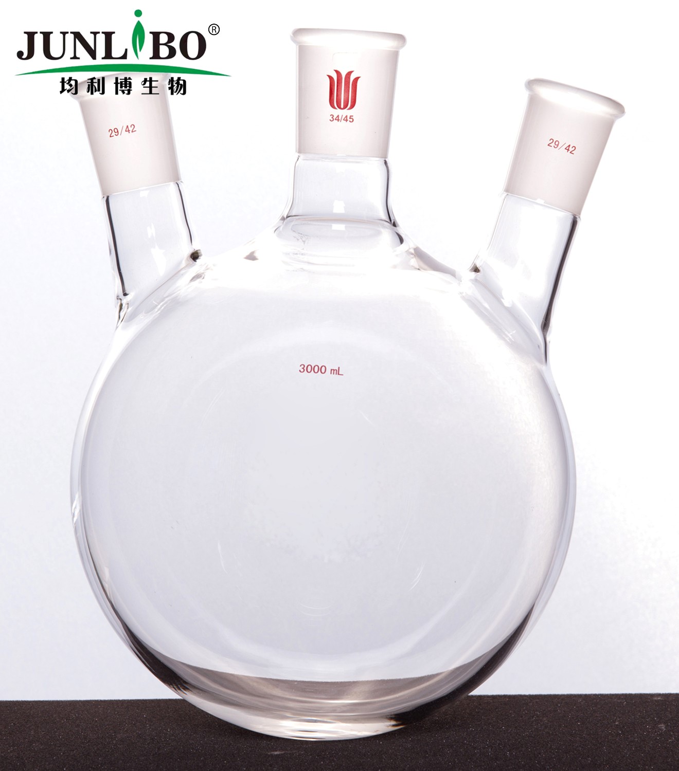 斜三口球瓶,厚壁高强度,中间磨口:34/45,侧磨口:29/42,3000ml