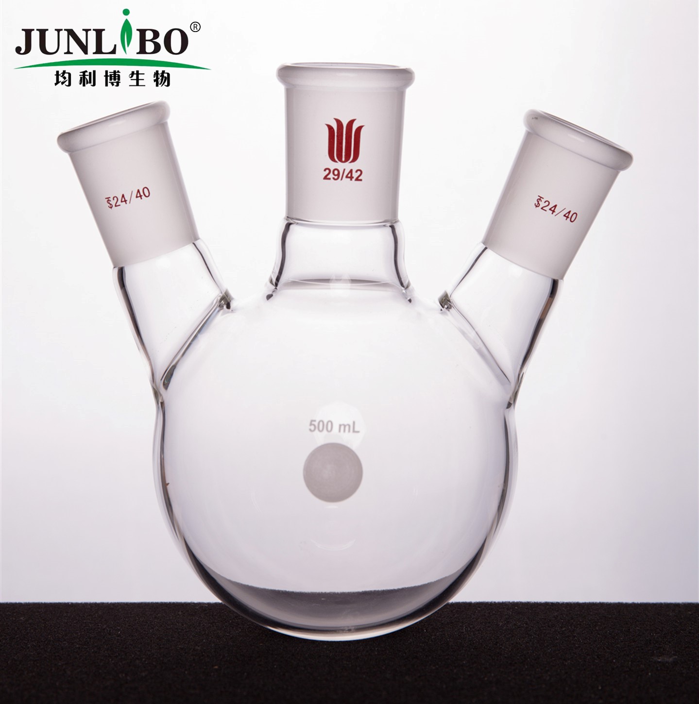 斜三口球瓶,厚壁高强度,中间磨口:29/42,侧磨口:24/40,500ml