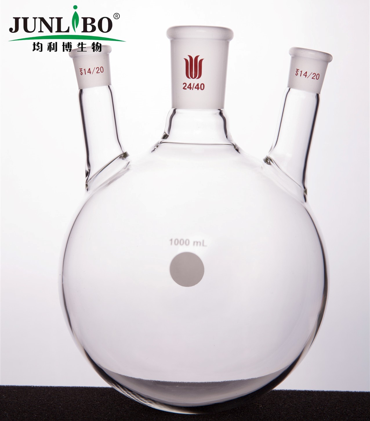 斜三口球瓶,厚壁高强度,中间磨口:24/40,侧磨口:14/20,1000ml