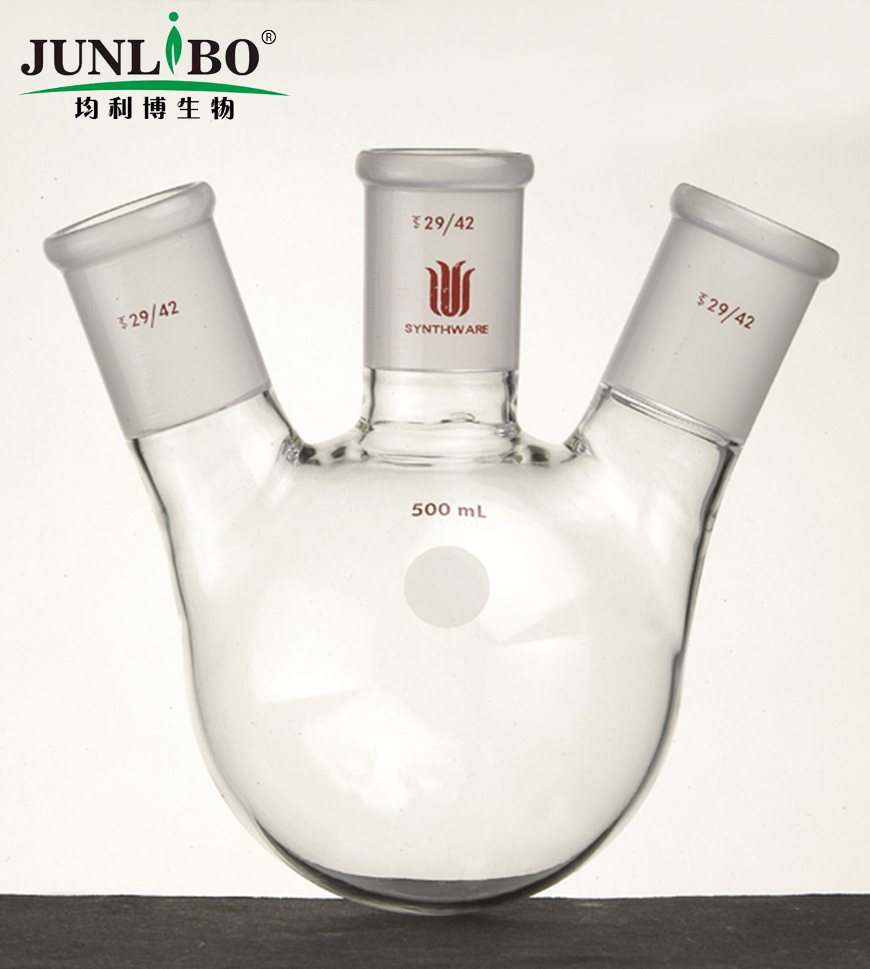 斜三口球瓶,厚壁高强度,中间磨口:29/42,侧磨口:29/42,500ml