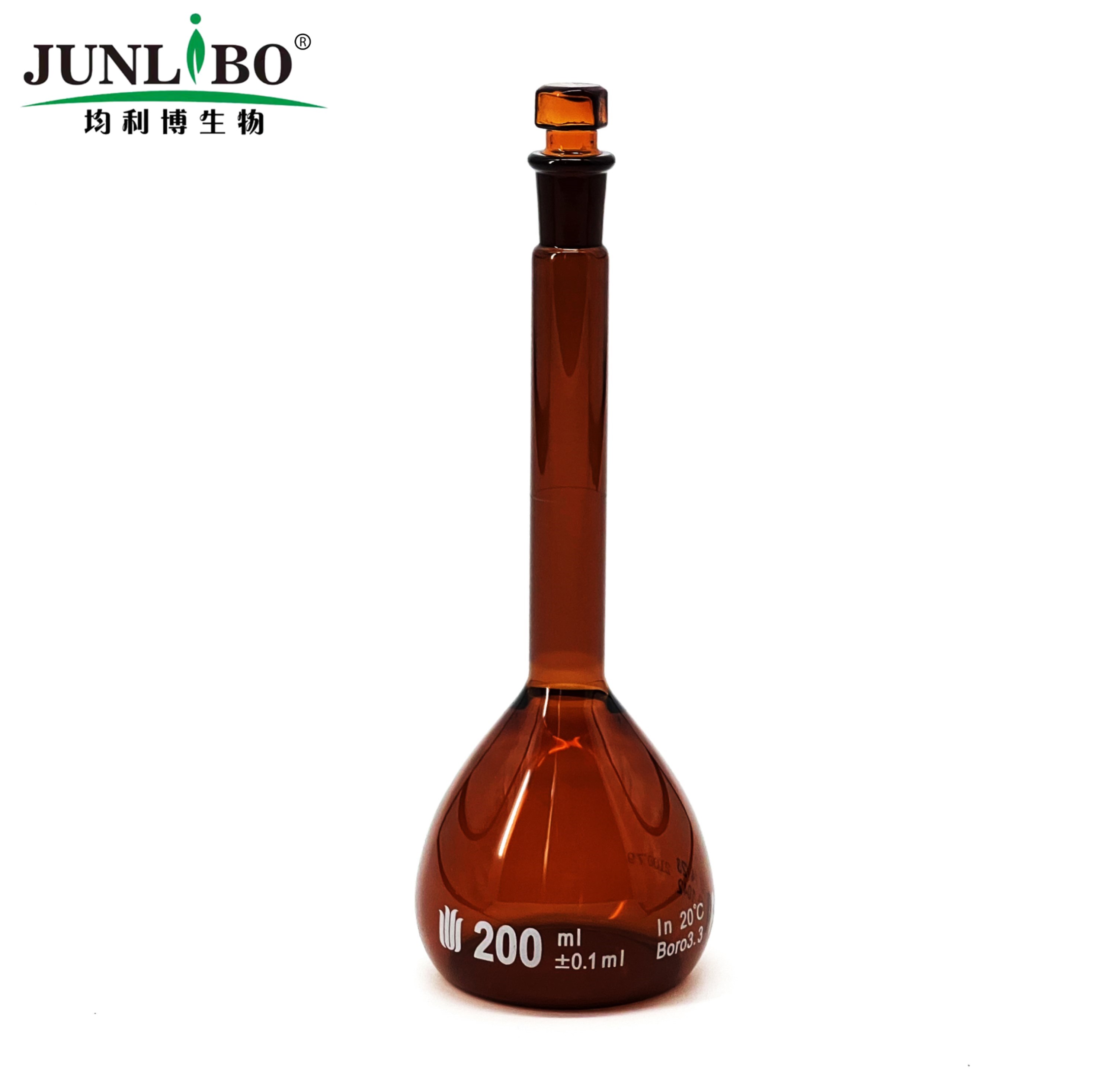 14/23口 200ml棕色容量瓶,标配玻璃塞,不带个体检测证书,2支/盒