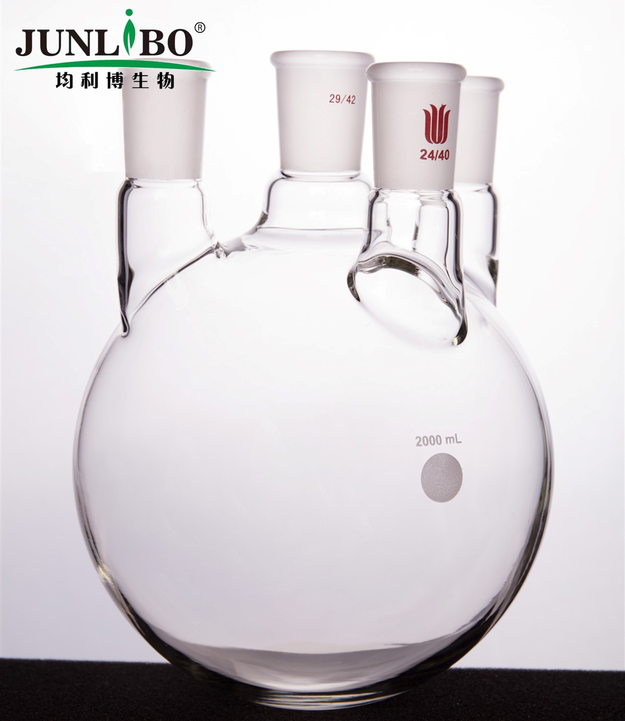 直四口圆底球瓶,中间磨口:29/42,侧磨口:24/40,2000ml