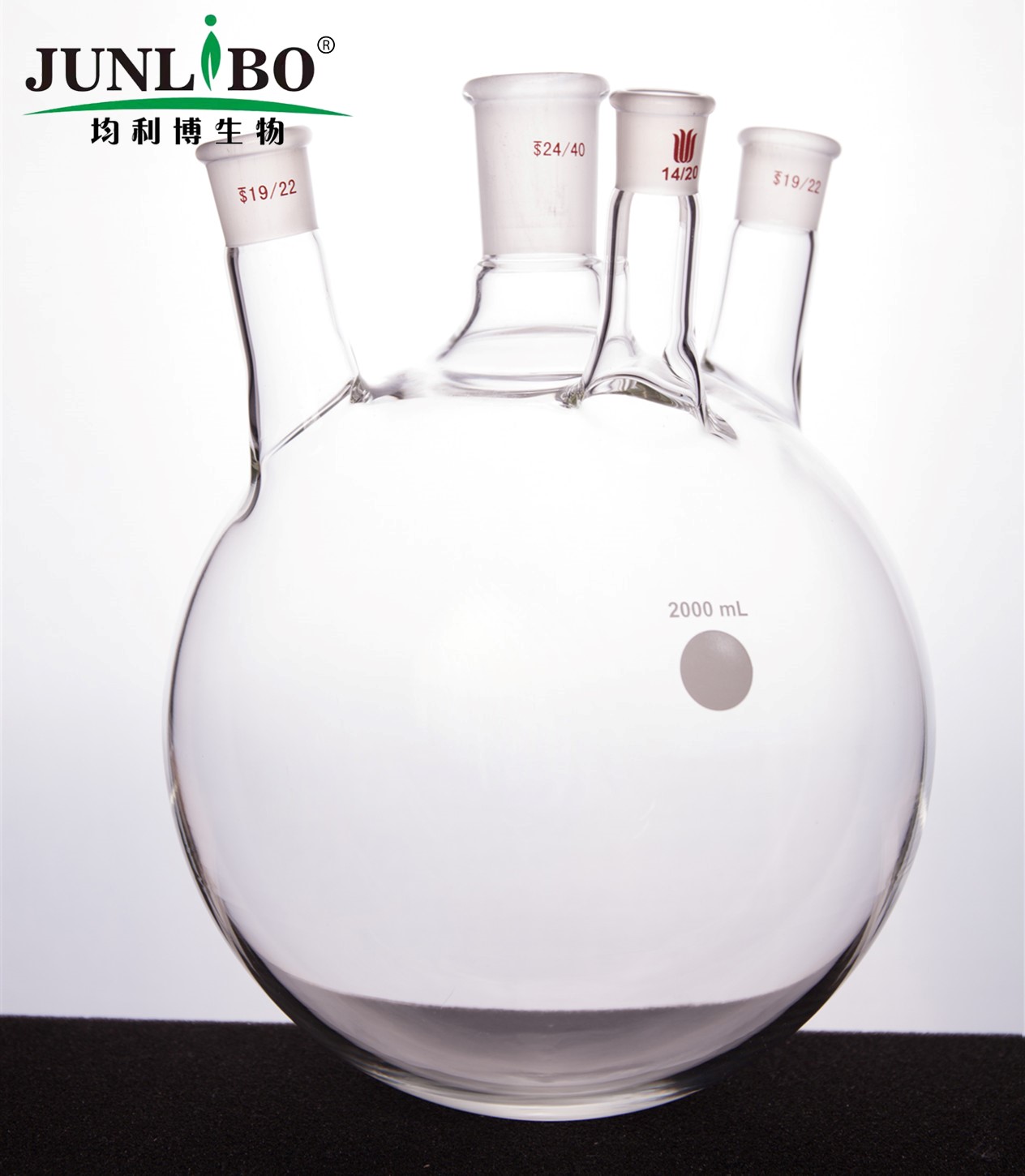直四口圆底球瓶,中间口:24/40,侧口:19/22,前口：14/20,2000ml