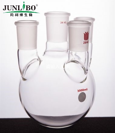 直四口圆底球瓶,中间磨口:34/45,侧磨口:29/42,2000ml