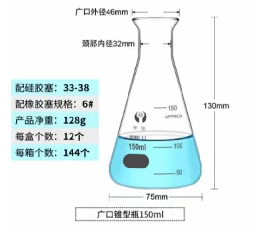 环球 敞口玻璃三角烧瓶容量：150ml