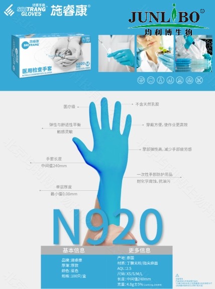 施睿康一次性无粉丁腈手套（超小号），淡蓝色，指尖麻面 50双/盒，10盒/箱