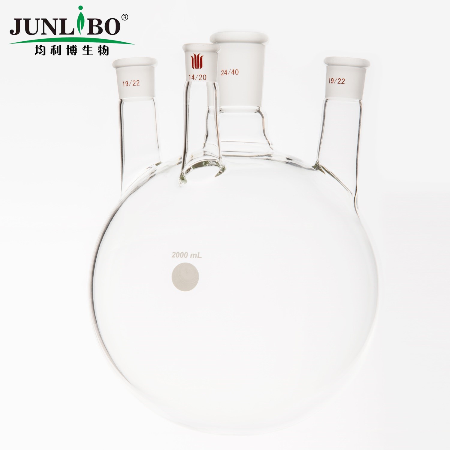 小角度四口圆底球瓶,中间口24/40,侧口19/22,前口：14/20,2000ml