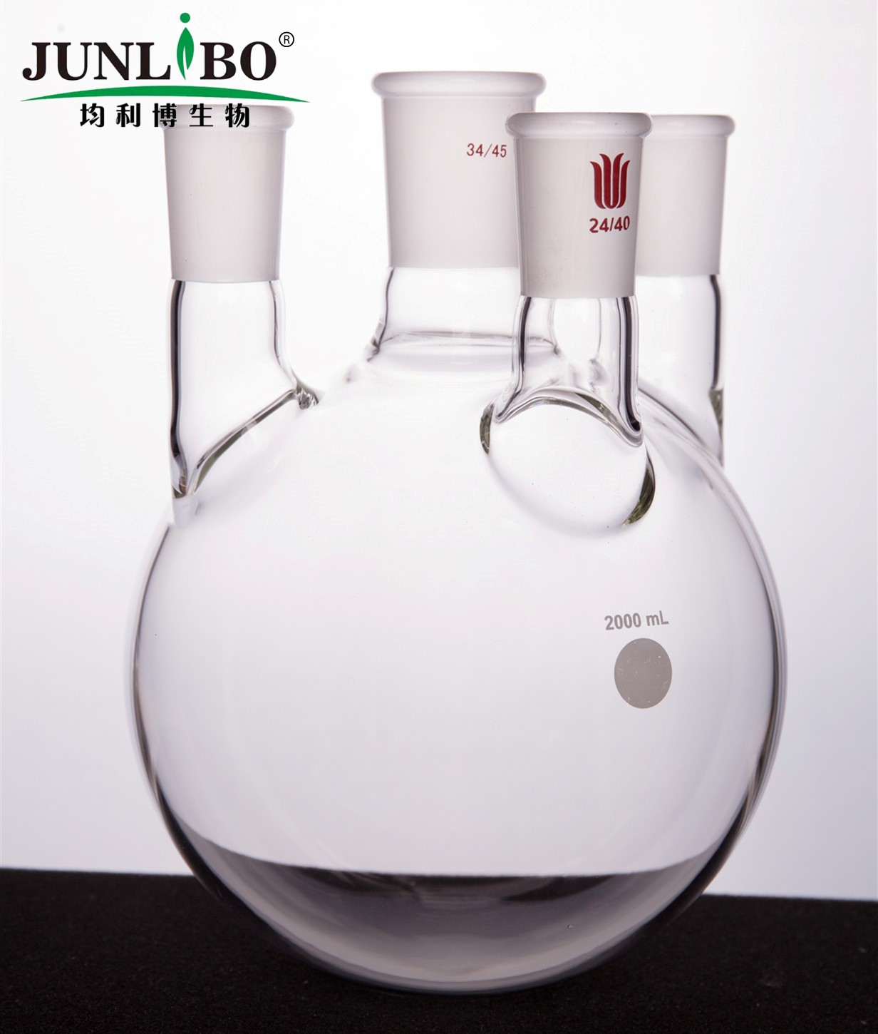 直四口圆底球瓶,中间磨口:34/45,侧磨口:24/40,2000ml