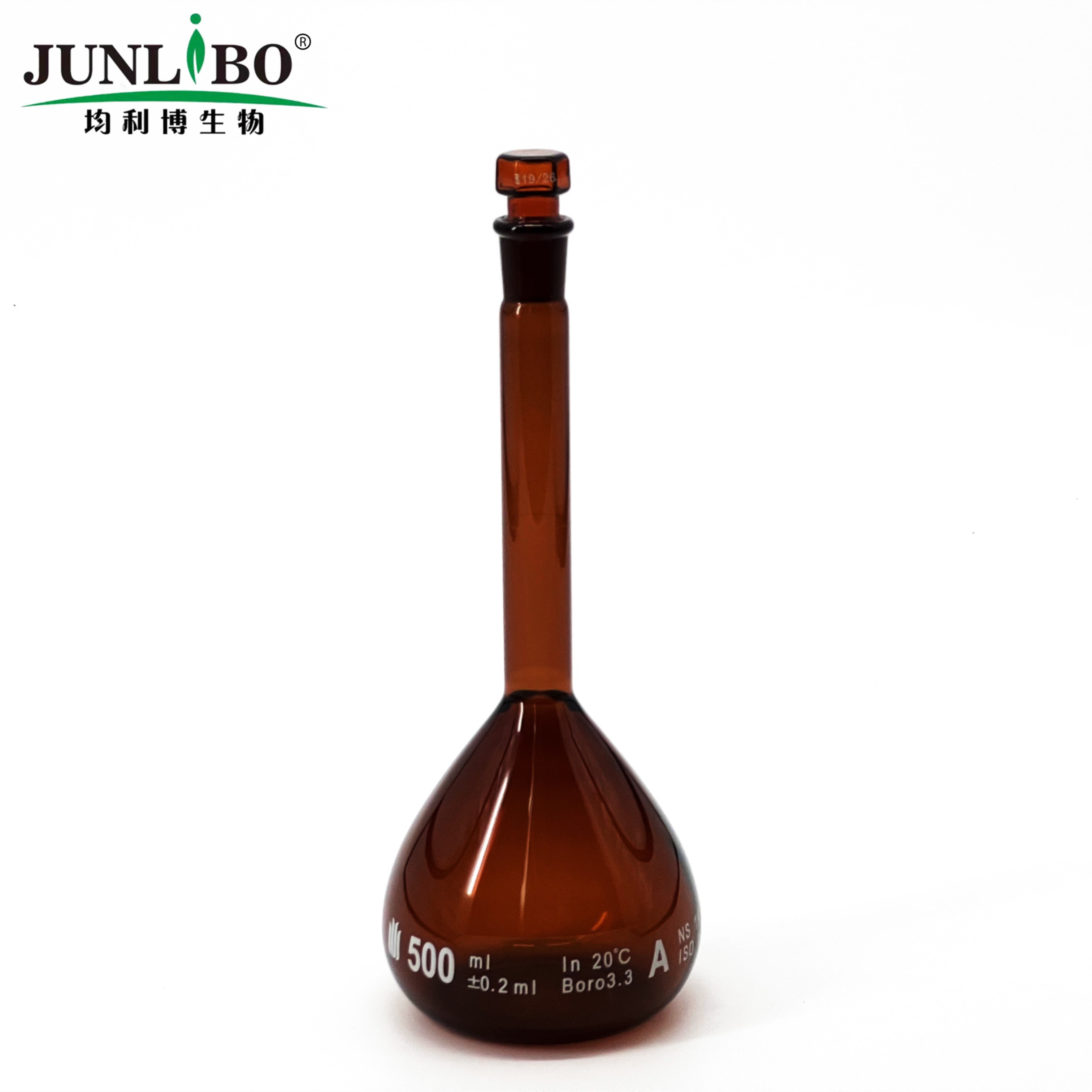 19/26口 500ml棕色容量瓶,标配玻璃塞,带个体检测证书,2支/盒