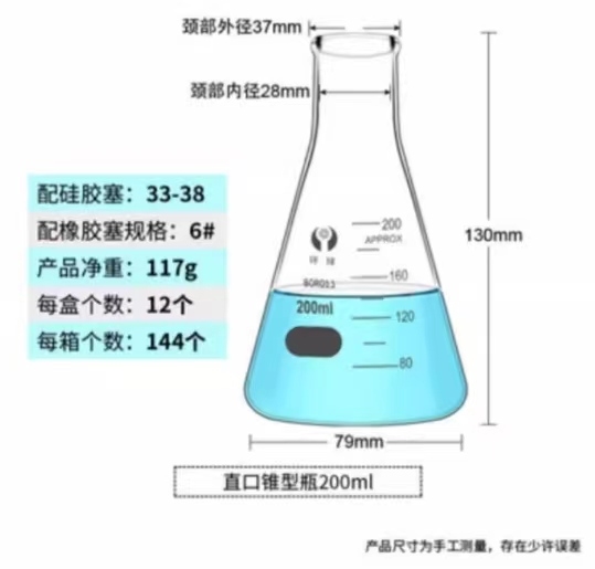 环球 直口玻璃三角烧瓶容量：200ml（整盒价格）