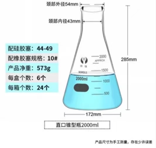 环球 直口玻璃三角烧瓶容量：2000ml（整盒价格）