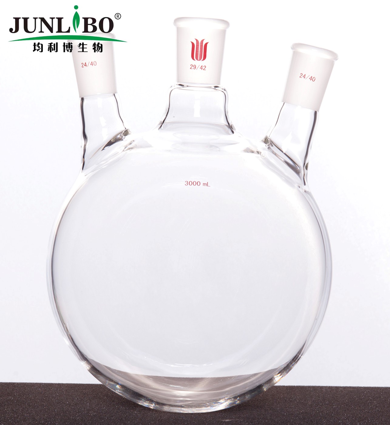斜三口球瓶,厚壁高强度,中间磨口:29/42,侧磨口:24/40,3000ml