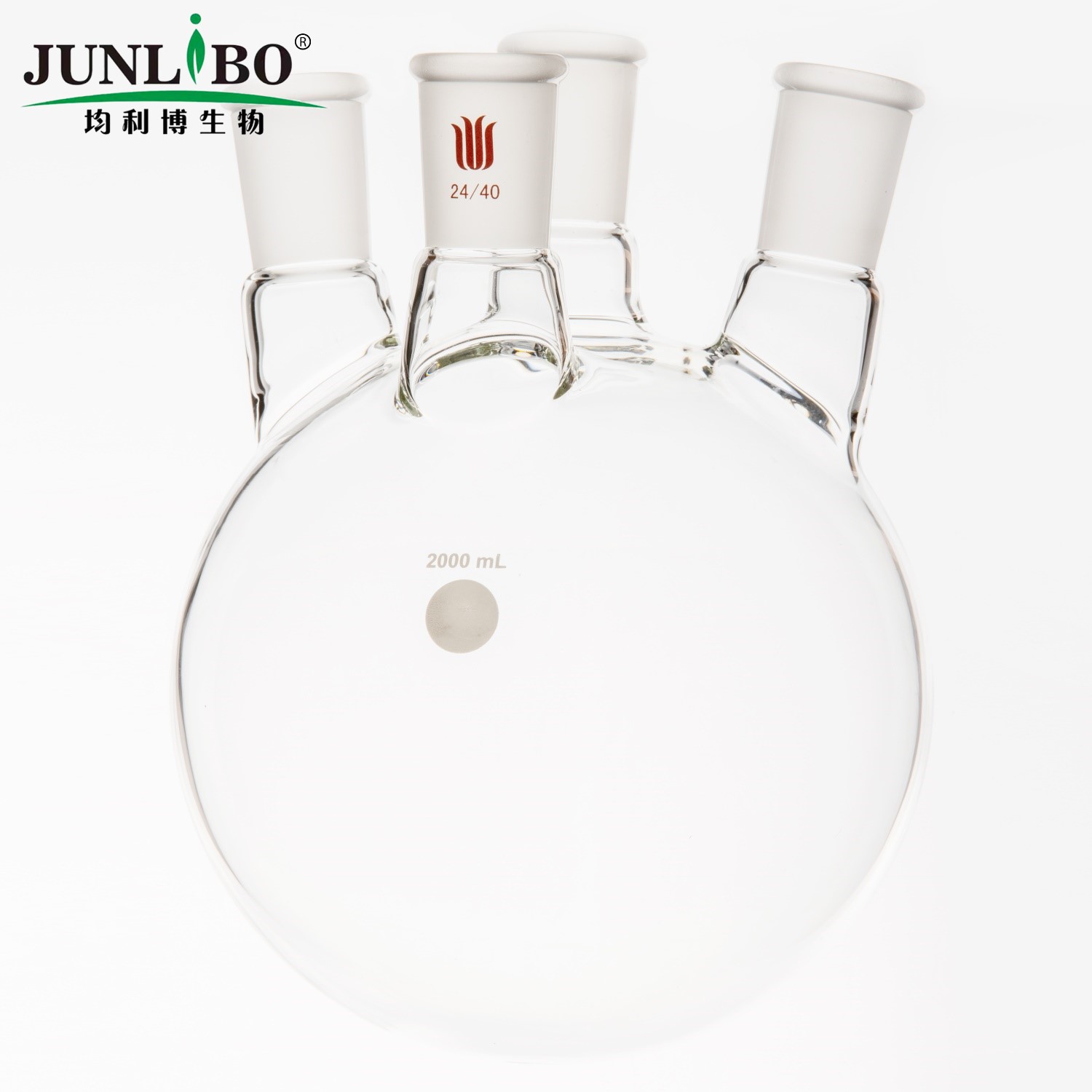 小角度四口圆底球瓶,中间磨口:24/40,侧磨口:24/40,2000ml
