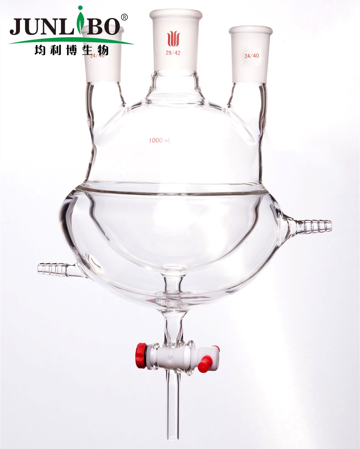 夹套半包式直三口球瓶,主口29/42,侧口24/40,1000ml,4MM四氟节门